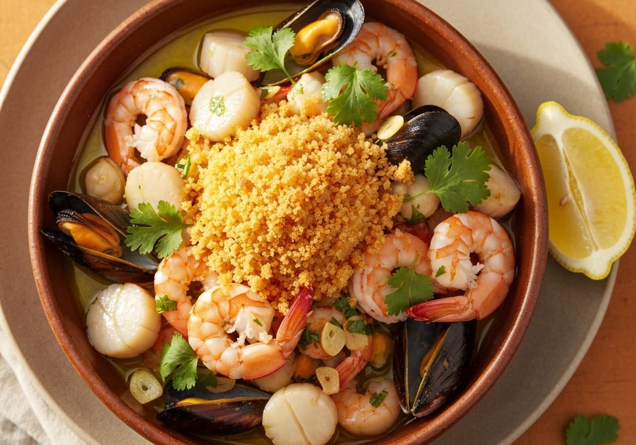 Sautéed Seafood Medley with Coriander Aroma and Crunchy Cornbread
