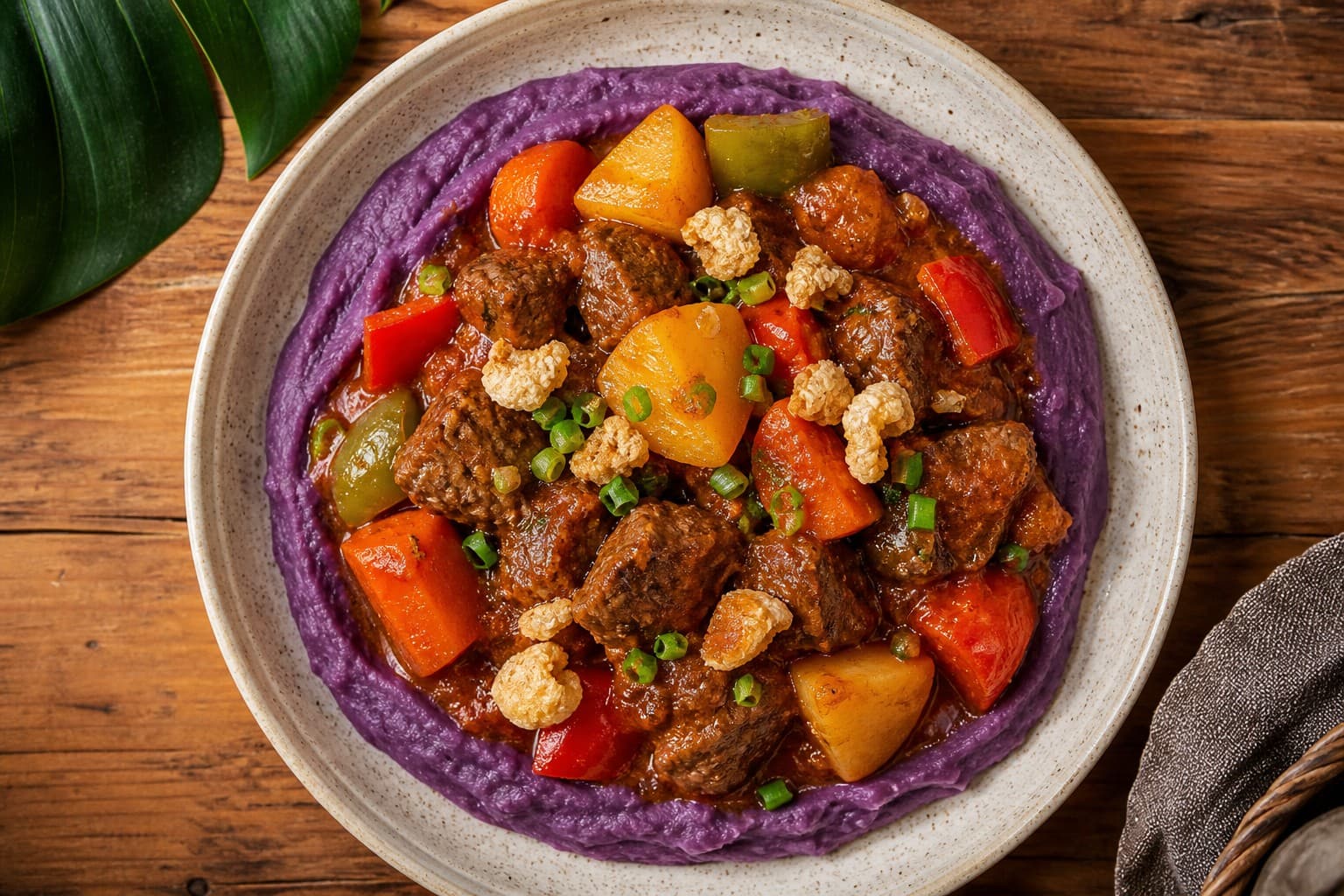Filipino Beef Mechado with Purple Ube Purée and Crispy Chicharon