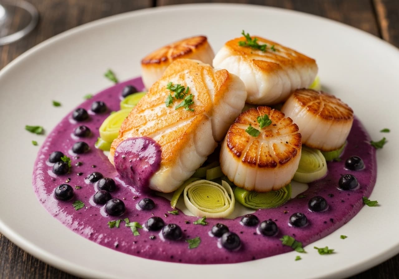 Cod and Scallop Medallions with Wild Blueberry and Dune Pepper Sauce