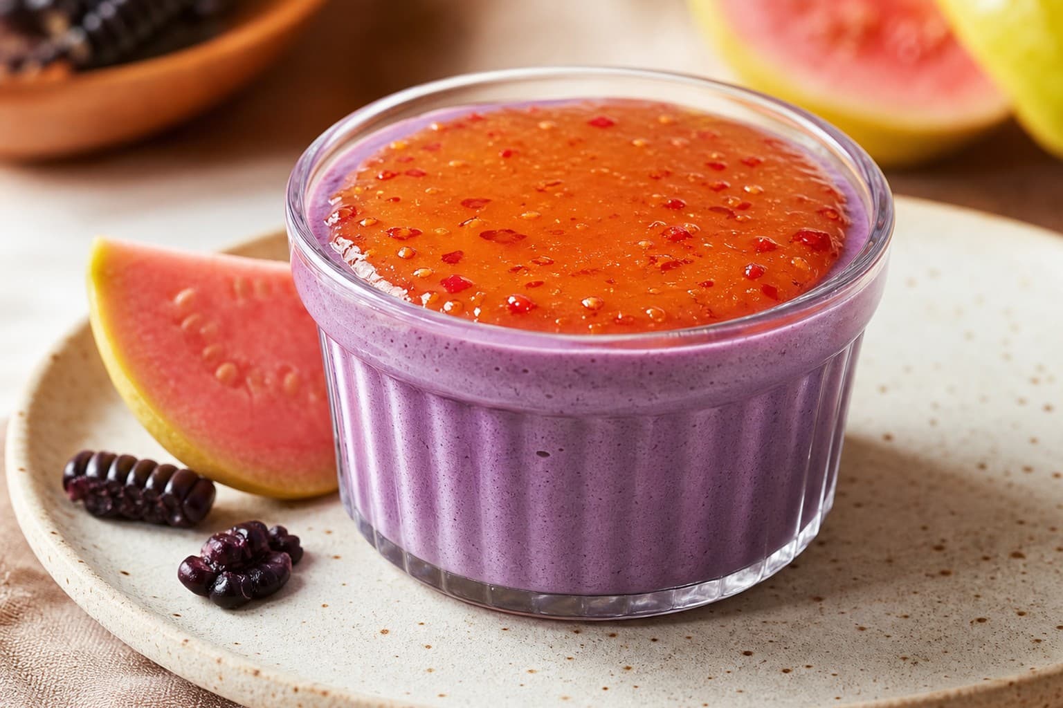 Purple Corn Mousse with Spicy Guava Coulis
