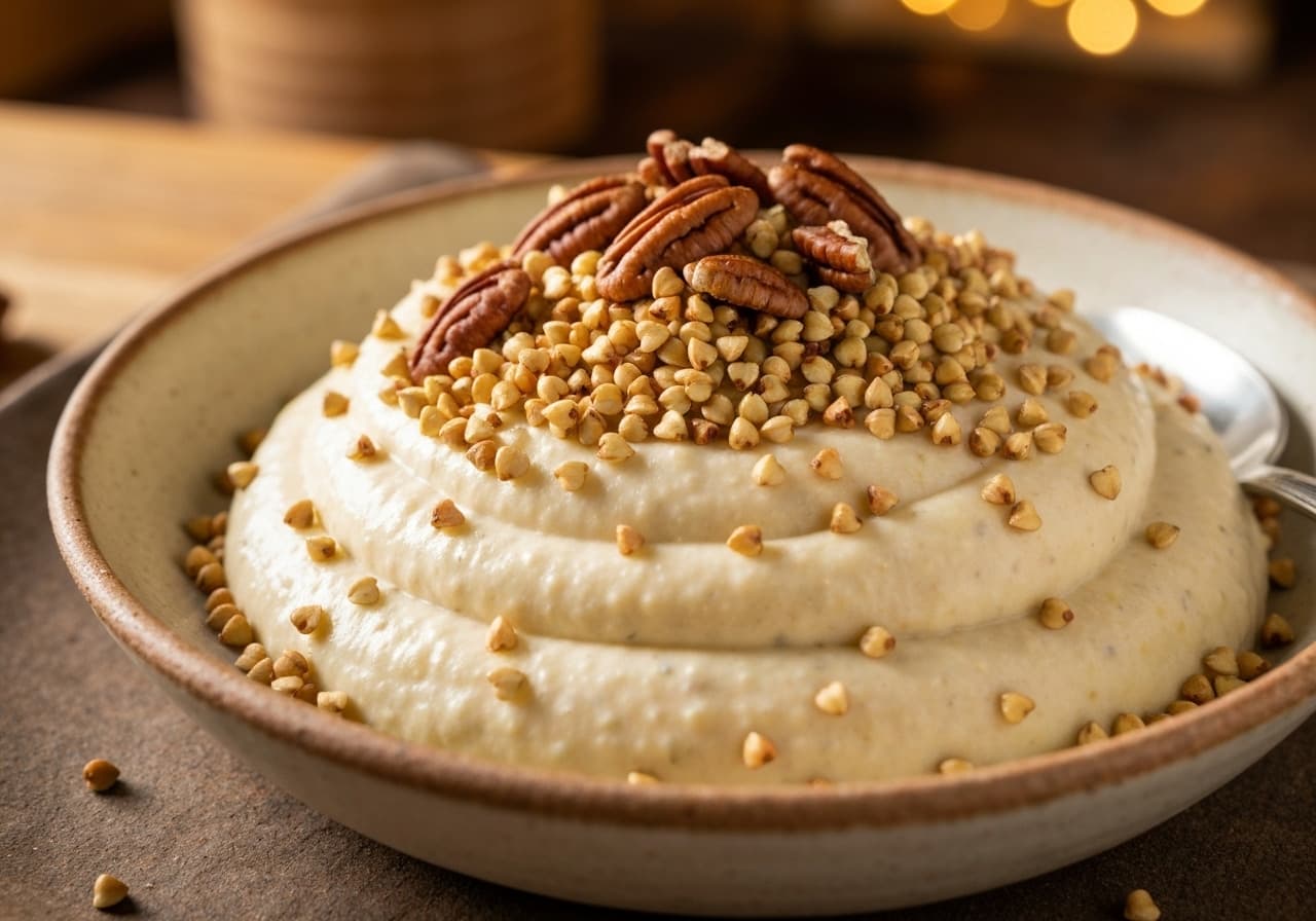 Parsnip and Potato Mousseline with Labrador Tea, Buckwheat and Pecan Crunch
