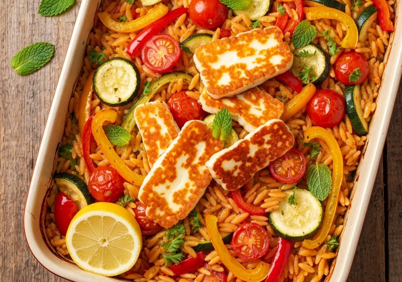 Baked Orzo with Sun-Kissed Vegetables and Grilled Halloumi
