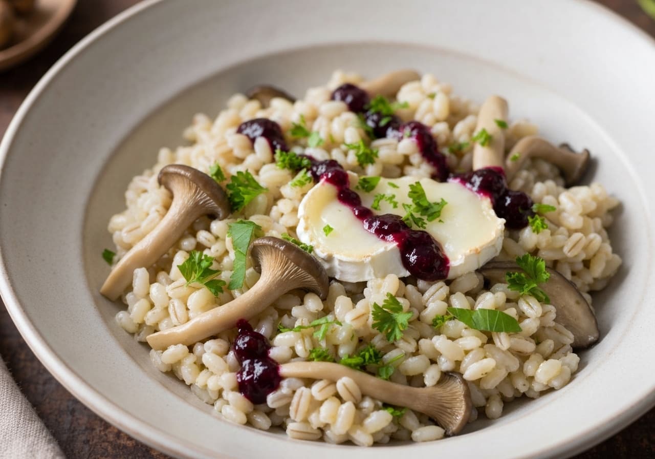 Boreal Oyster Mushroom, Fresh Goat Cheese Orzotto with Blackcurrant Coulis