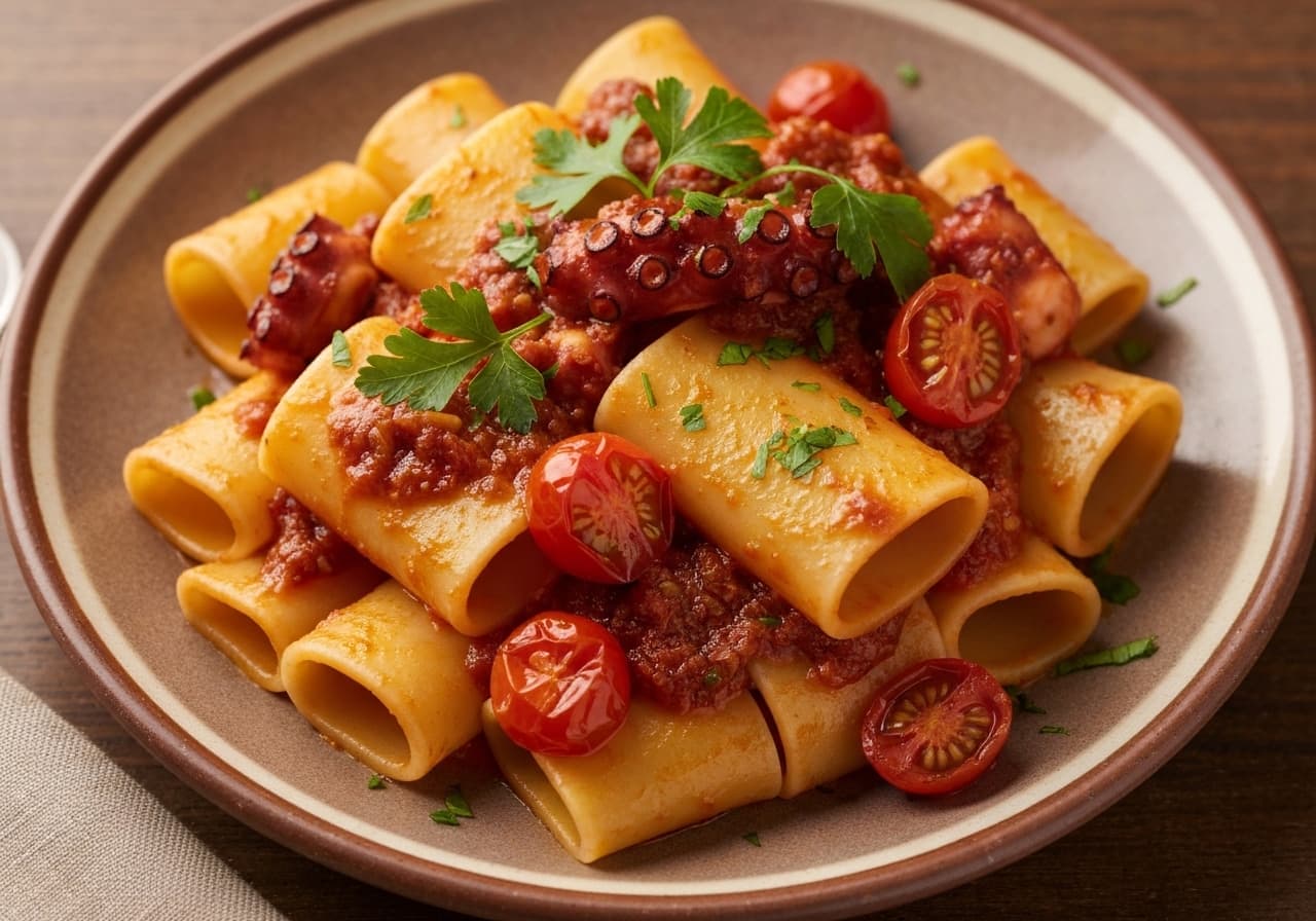 Paccheri with Octopus Ragù and Confit Cherry Tomatoes