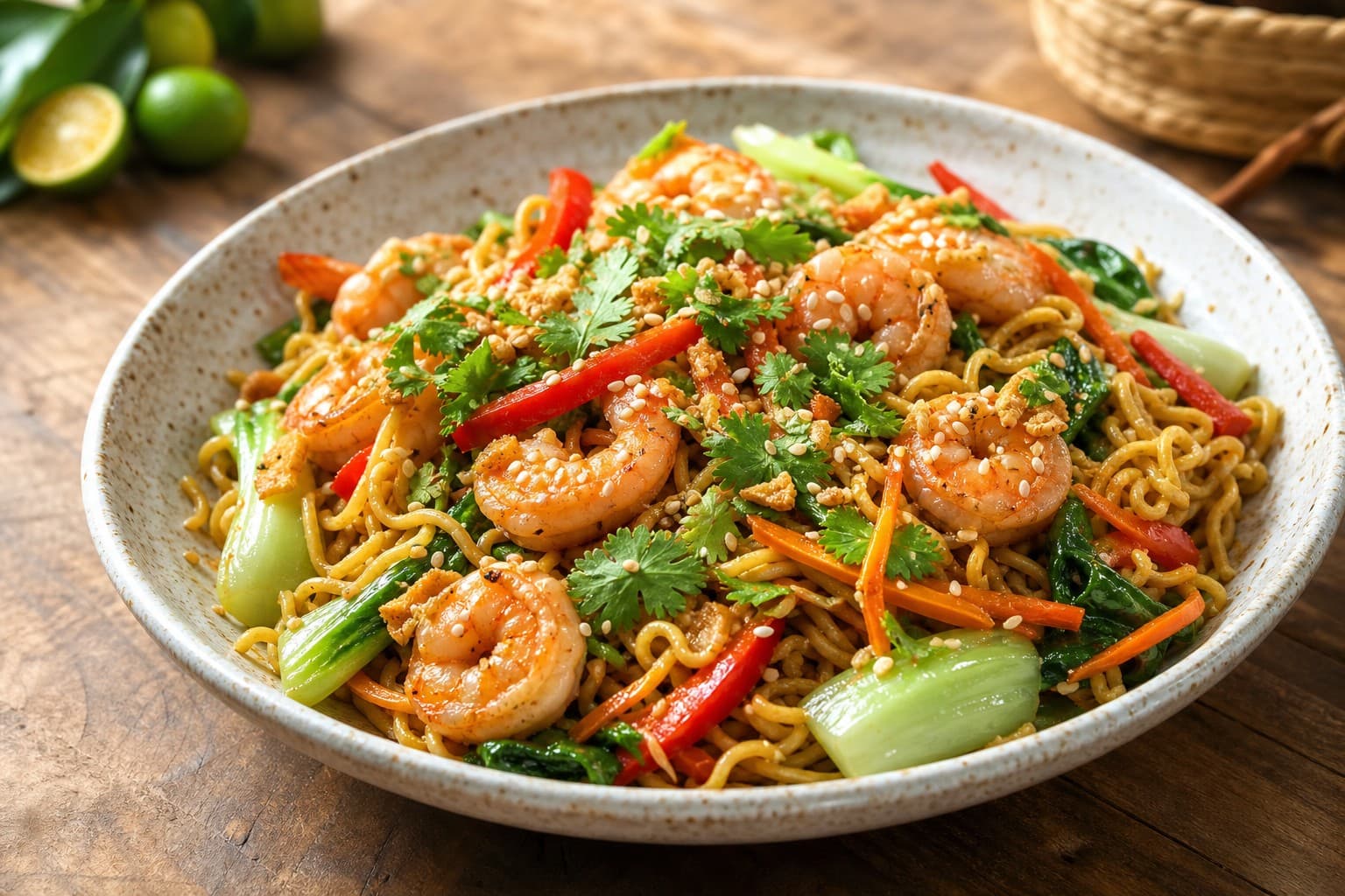 Shrimp and Crispy Vegetable Pancit Canton with Calamansi-Peanut Sauce