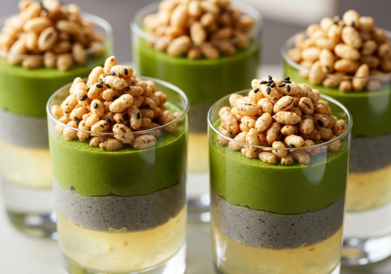 Matcha and Black Sesame Mousse Parfait, Yuzu Jelly, and Puffed Rice Crumble
