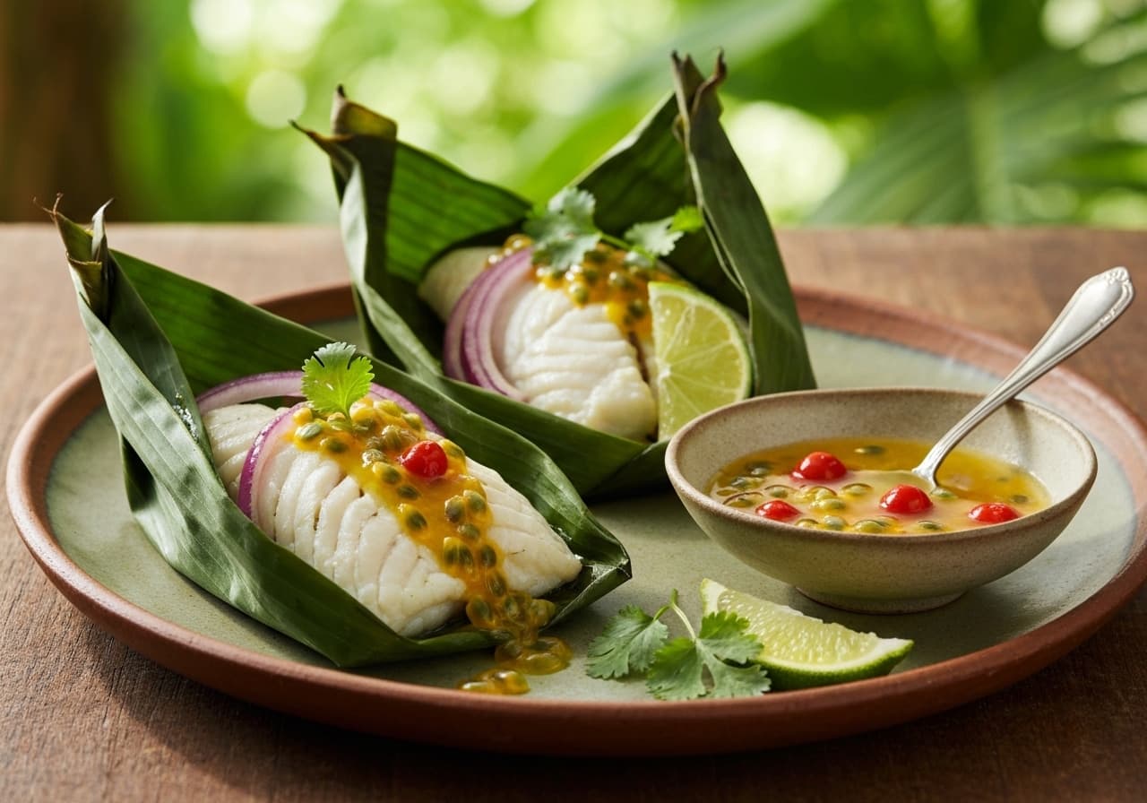 Baked Fish in Banana Leaf with Passion Fruit and Biquinho Pepper Sauce