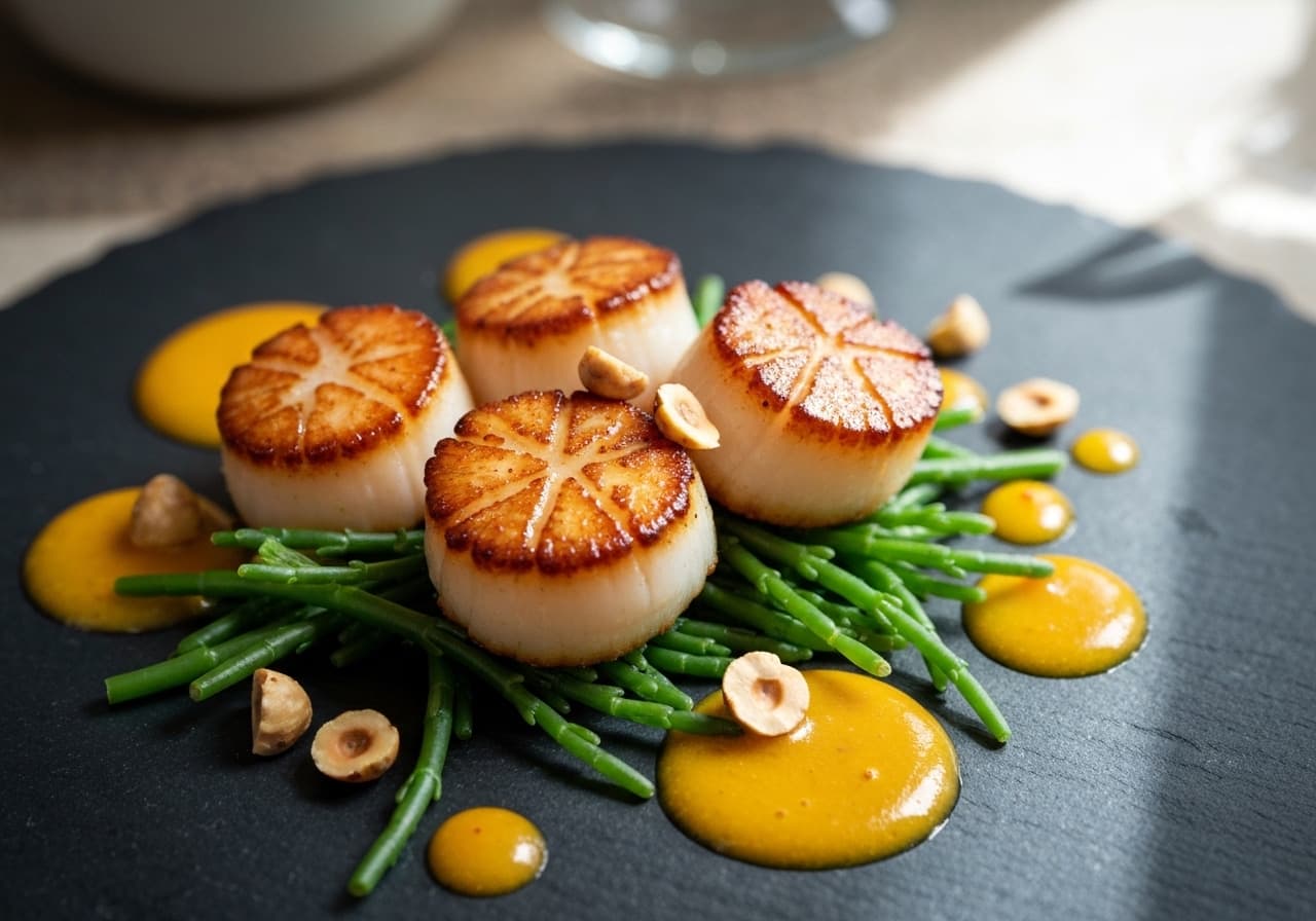 Seared Scallops with Sea Buckthorn, Samphire and Hazelnuts
