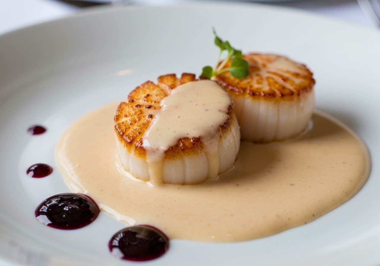 Seared Scallops, Sweet Clover Emulsion, and Boreal Elderberry Pearls