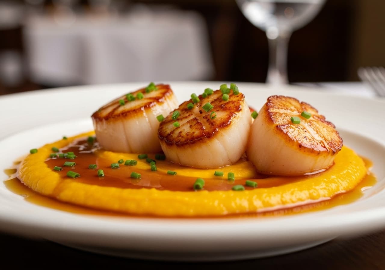 Seared Scallops with Butternut Squash Sumac Purée and Forest Gin Reduction