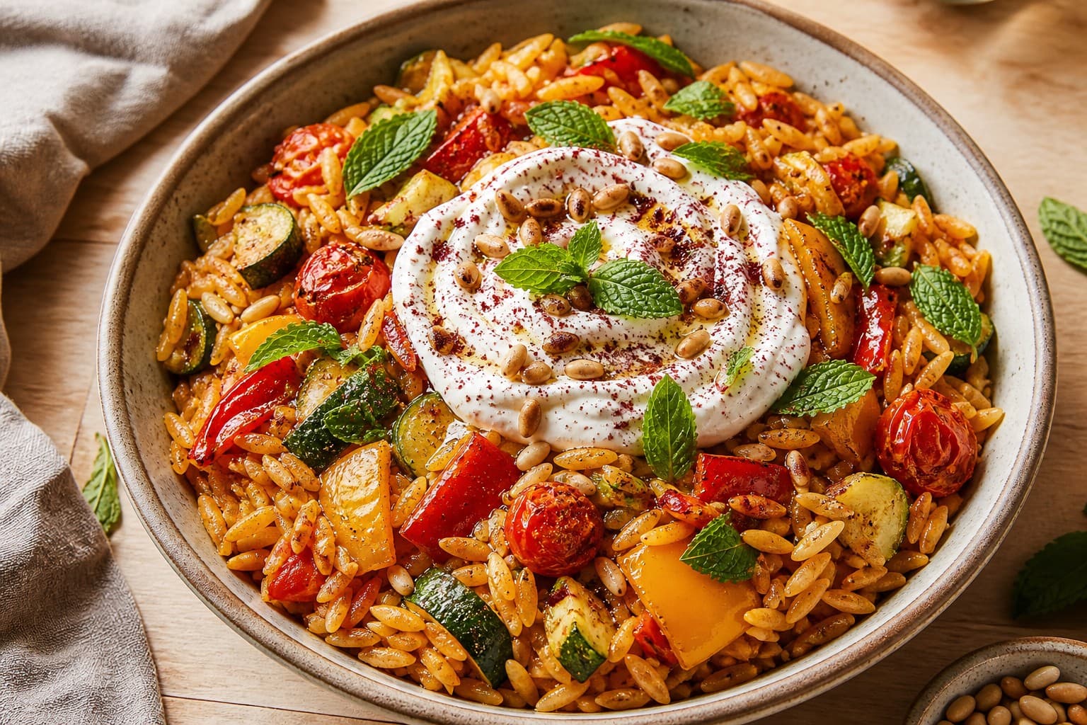Baked Rice and Orzo Pilaf with Roasted Mediterranean Vegetables, Mint and Sumac Labneh