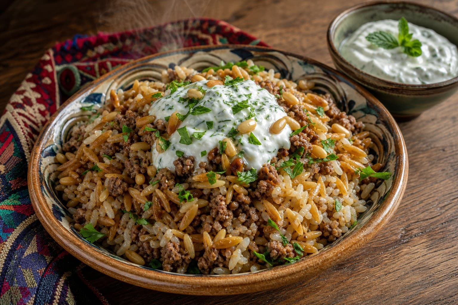 Turkish Orzo and Rice Pilaf with Spiced Lamb, Minted Yogurt Sauce