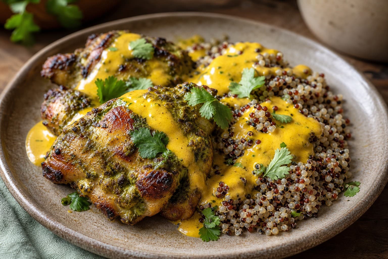Huacatay Chicken, Tricolor Quinoa and Creamy Aji Amarillo Sauce