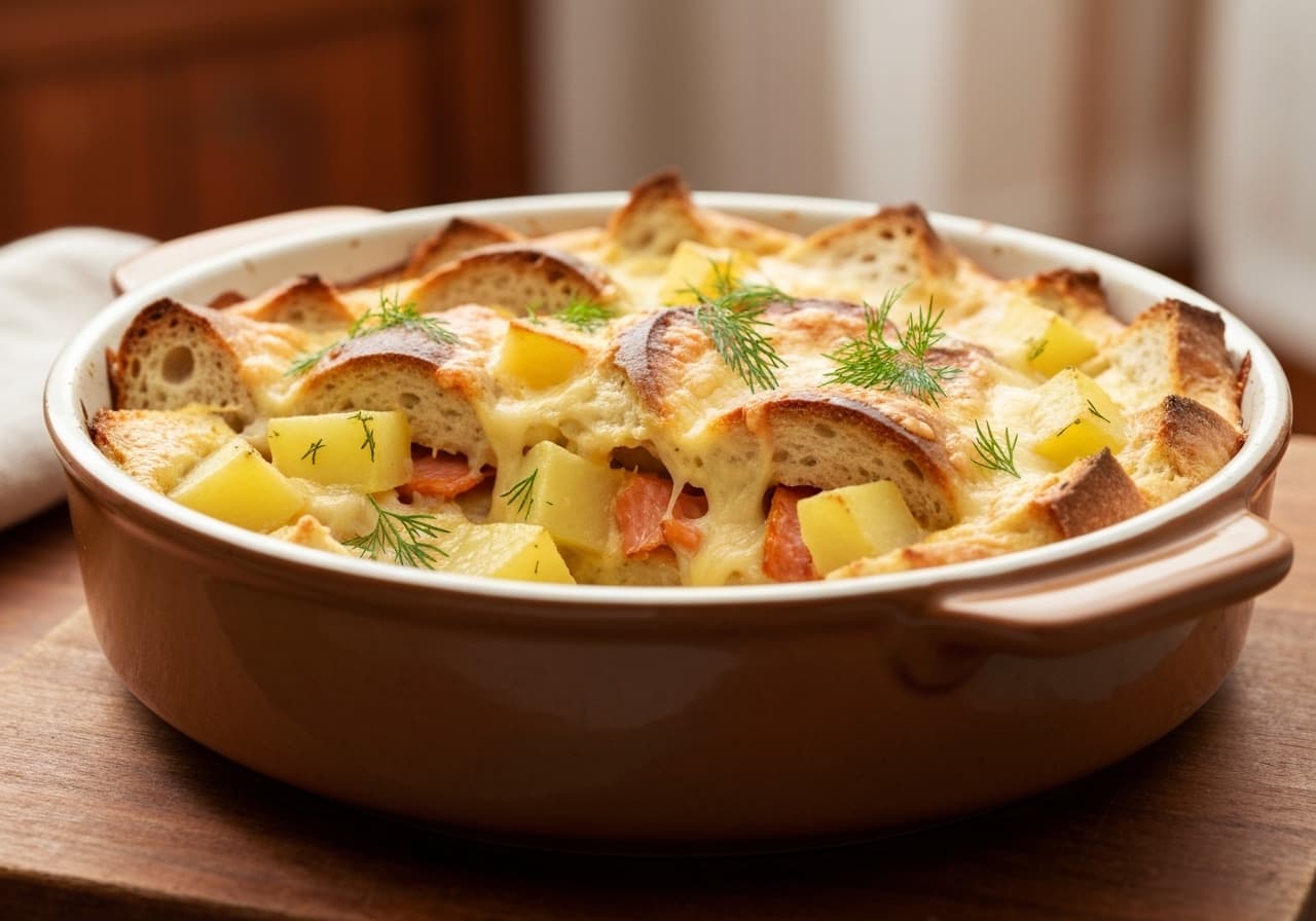 Smoked Trout, Potato, and Oka Cheese Savory Bread Pudding