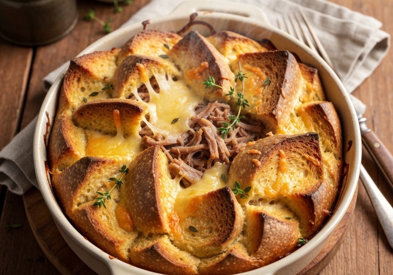 Savory Pulled Pork and Sharp Quebec Cheese Bread Pudding