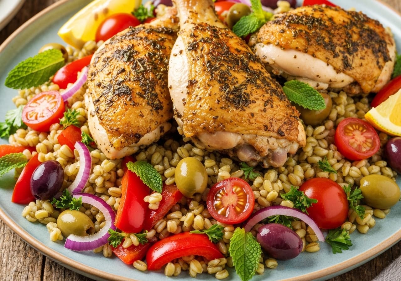 Citrus and Fresh Herb Roasted Chicken with Crunchy Vegetable Freekeh Bed