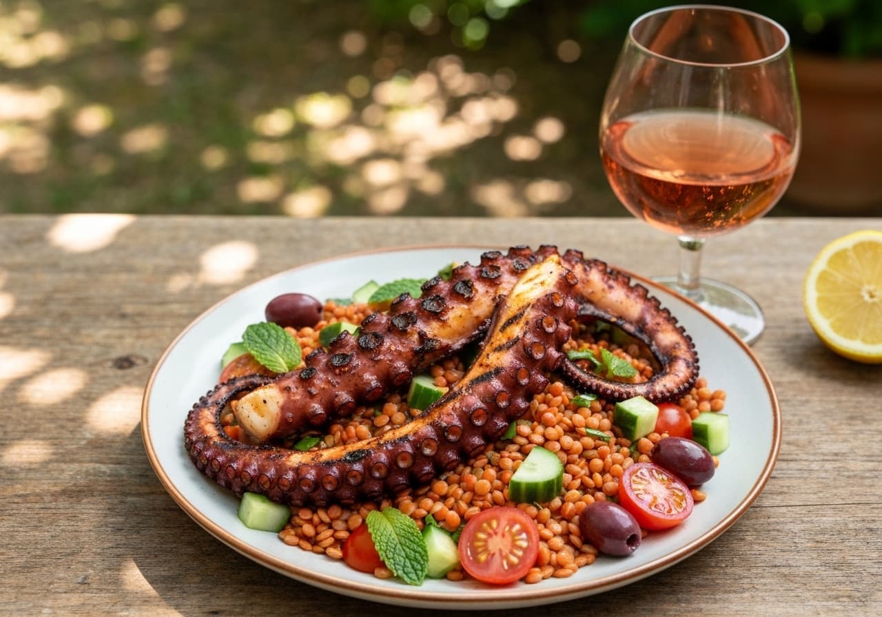 Grilled Octopus with Chermoula, Red Lentil and Kalamata Olive Salad
