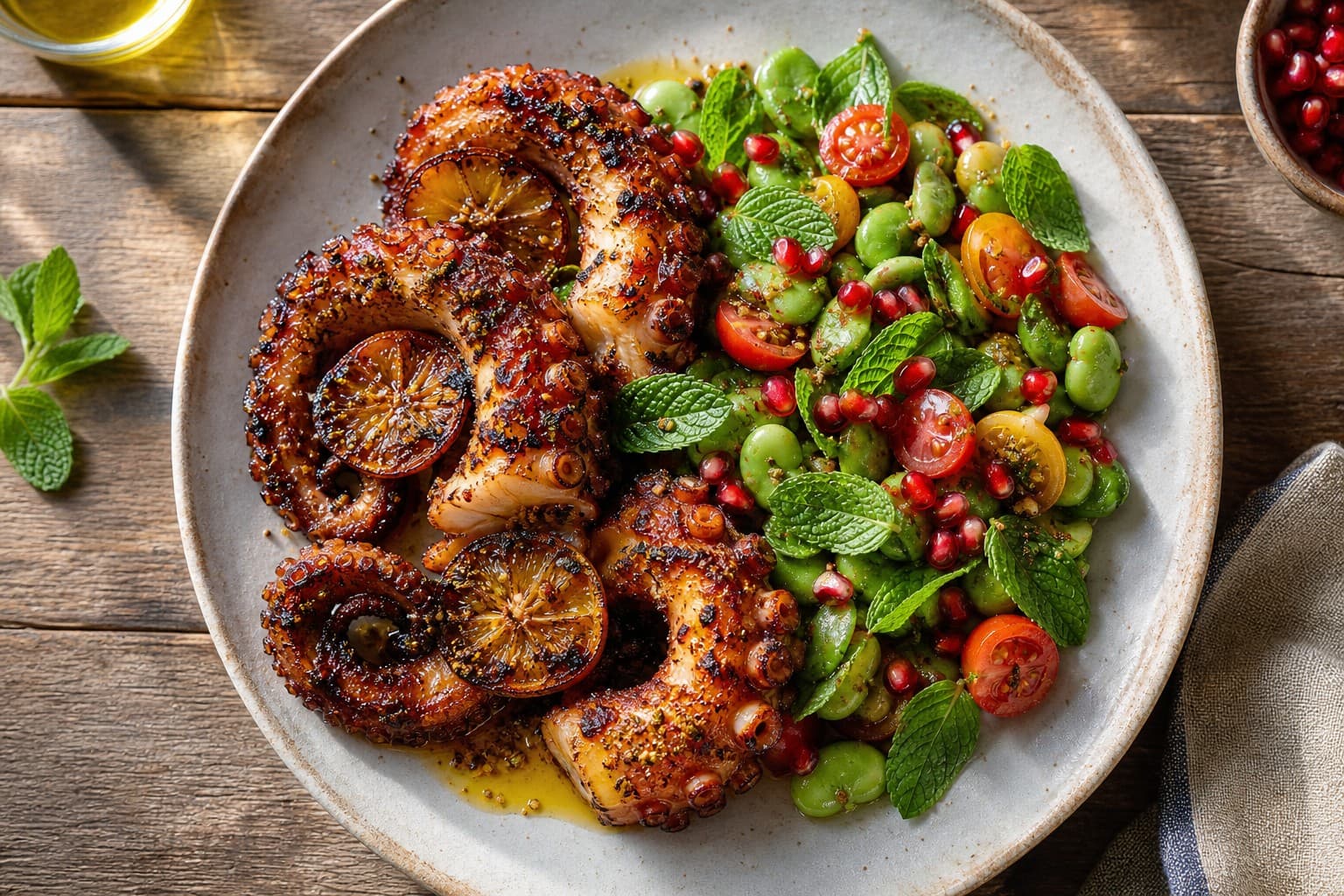 Grilled Octopus with Candied Citrus and Za'atar, Broad Bean and Fresh Mint Salad