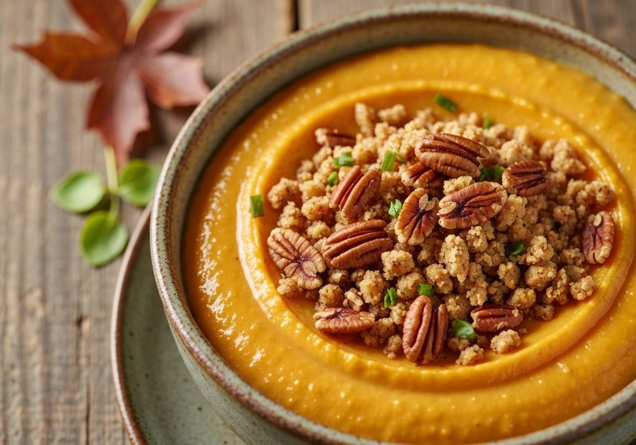 Creamy Parsnip and Sweet Potato Purée with Maple, Topped with Crispy Pecan and Salted Herb Crumble