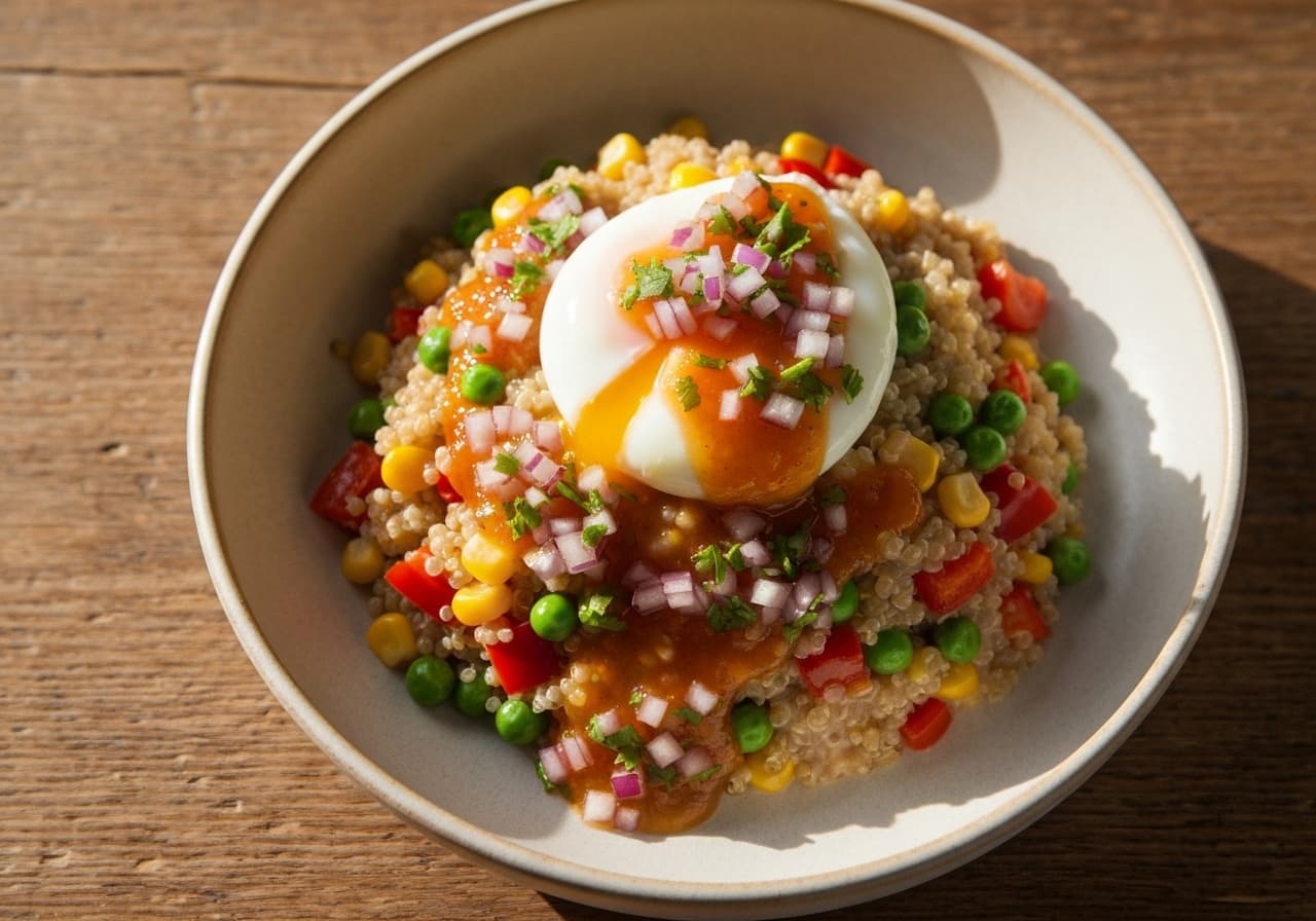 Quinoa Risotto with Vegetables, Poached Egg, and Lucuma Creole Sauce