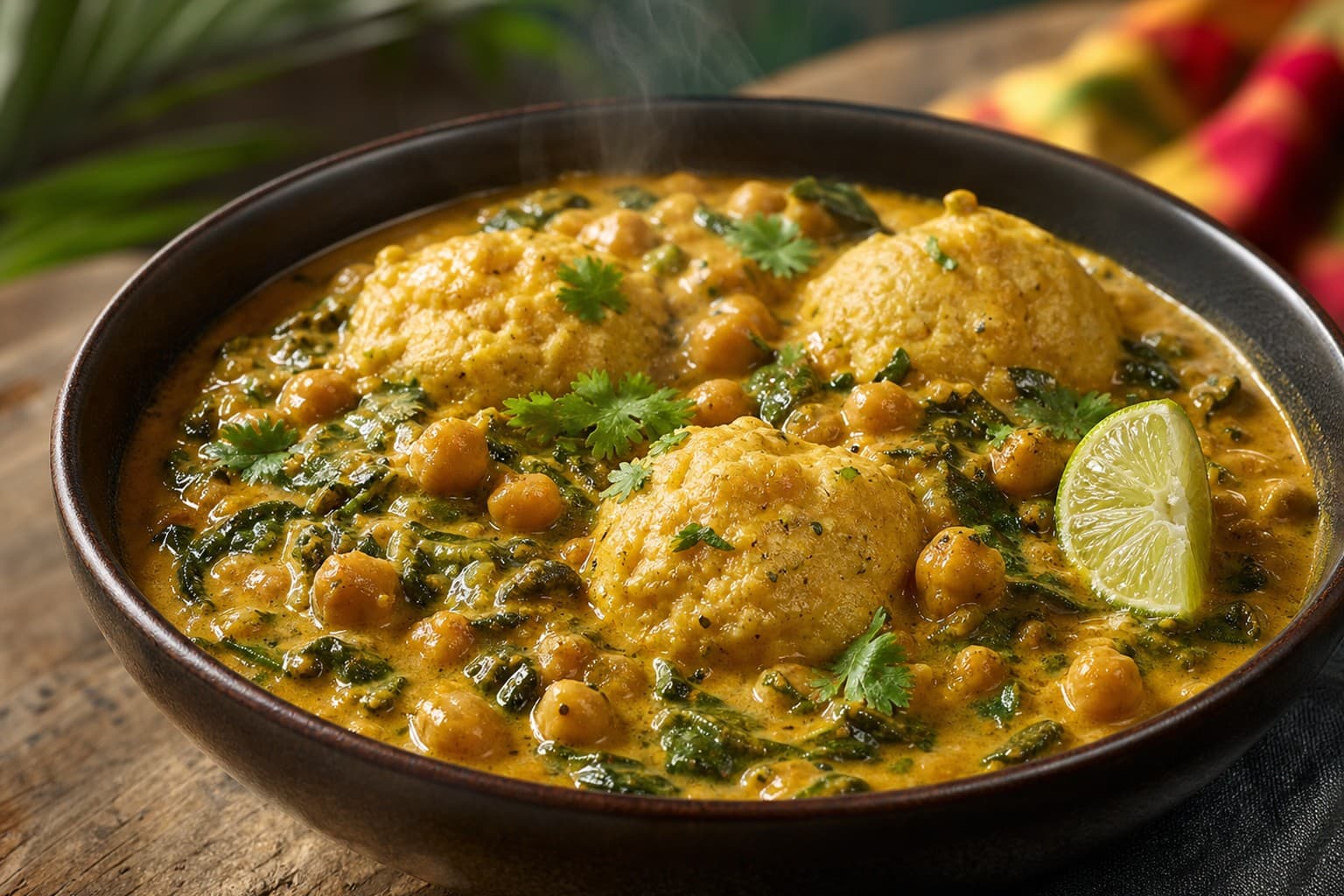 Creole Curried Chickpea and Callaloo Stew with Coconut Dumplings