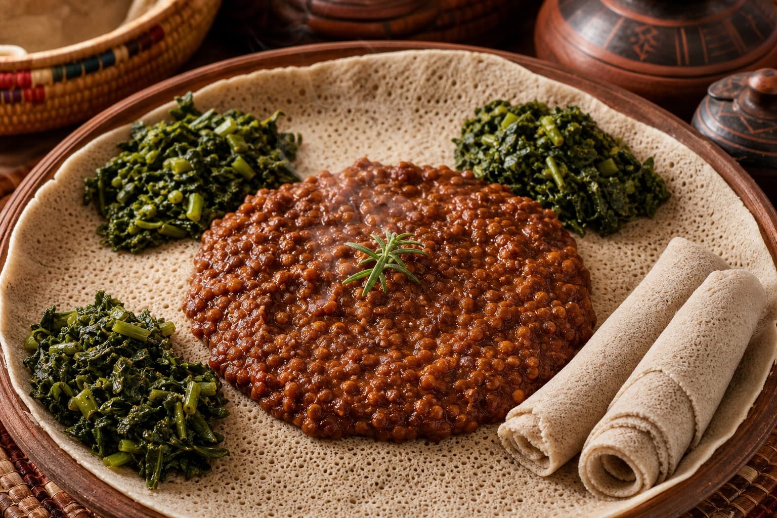 Ethiopian Spicy Brown Lentil Stew (Ye'difin Misir Wot) with Gomen and Injera
