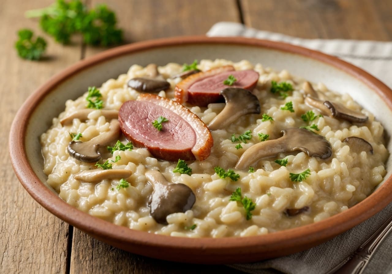 Boreal Risotto with Smoked Duck Breast and Oyster Mushrooms