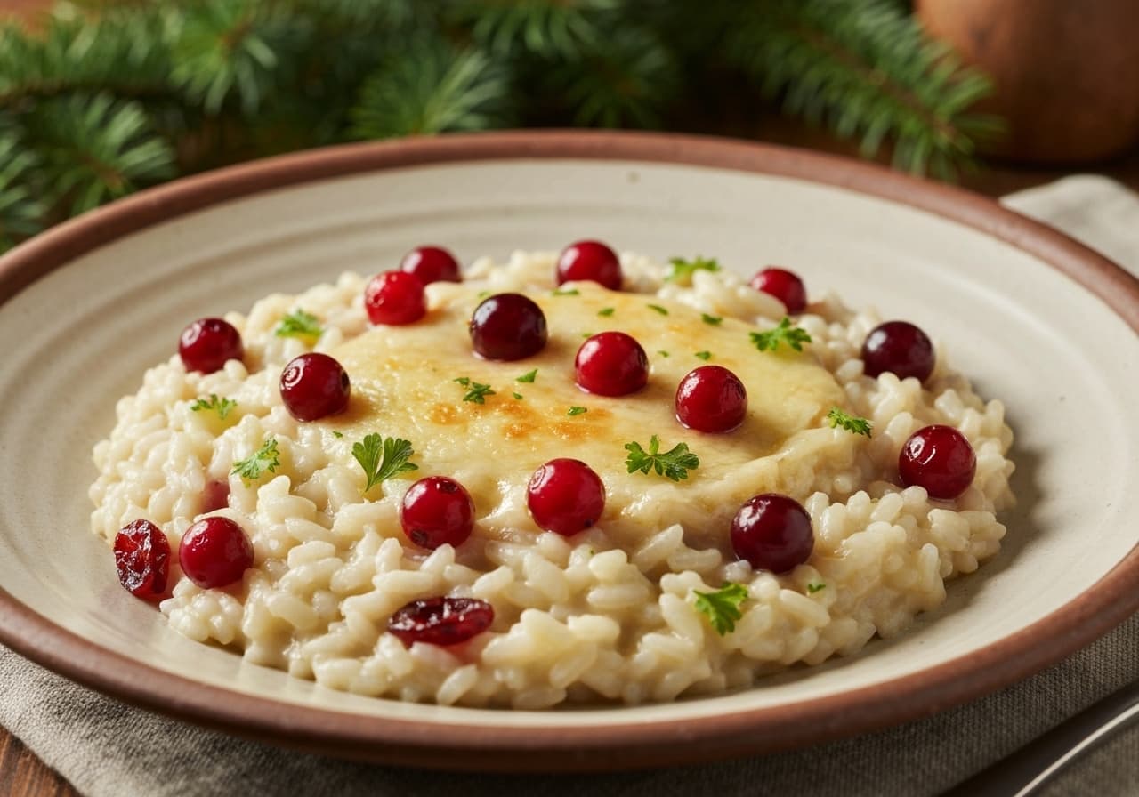 Boreal Risotto with Cranberries, Migneron Cheese, and Ice Cider