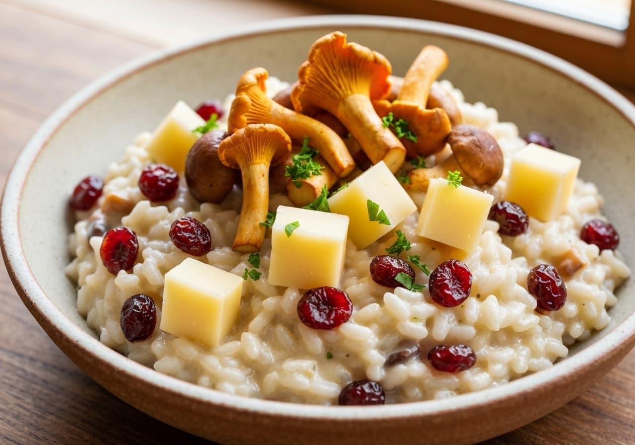 Boreal Risotto with Wild Mushrooms, Le Migneron Cheese, and Dried Cranberries