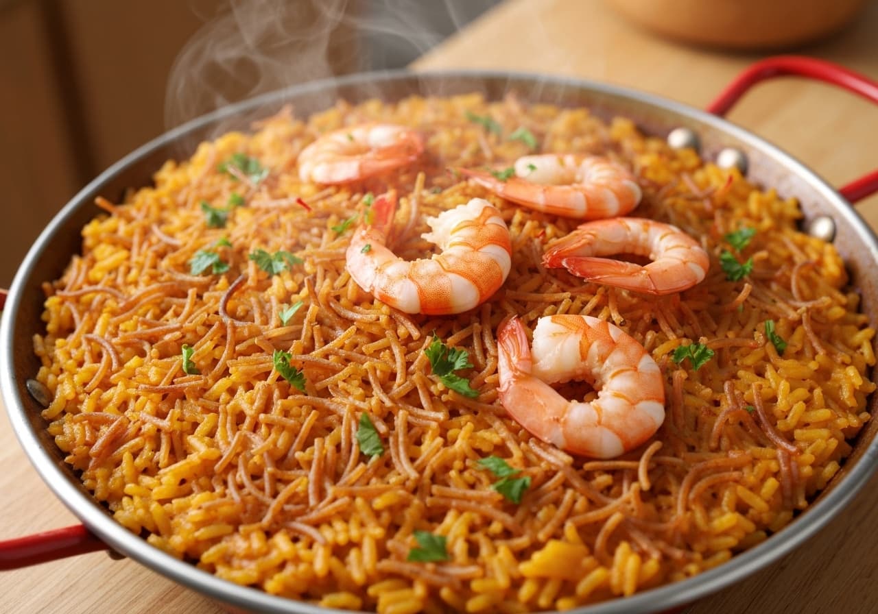 Soupy Rice with Toasted Vermicelli and Saffron Prawns