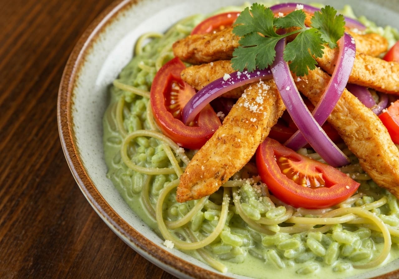 Creamy Green Pasta Rice with Ají Amarillo Chicken Stir-fry