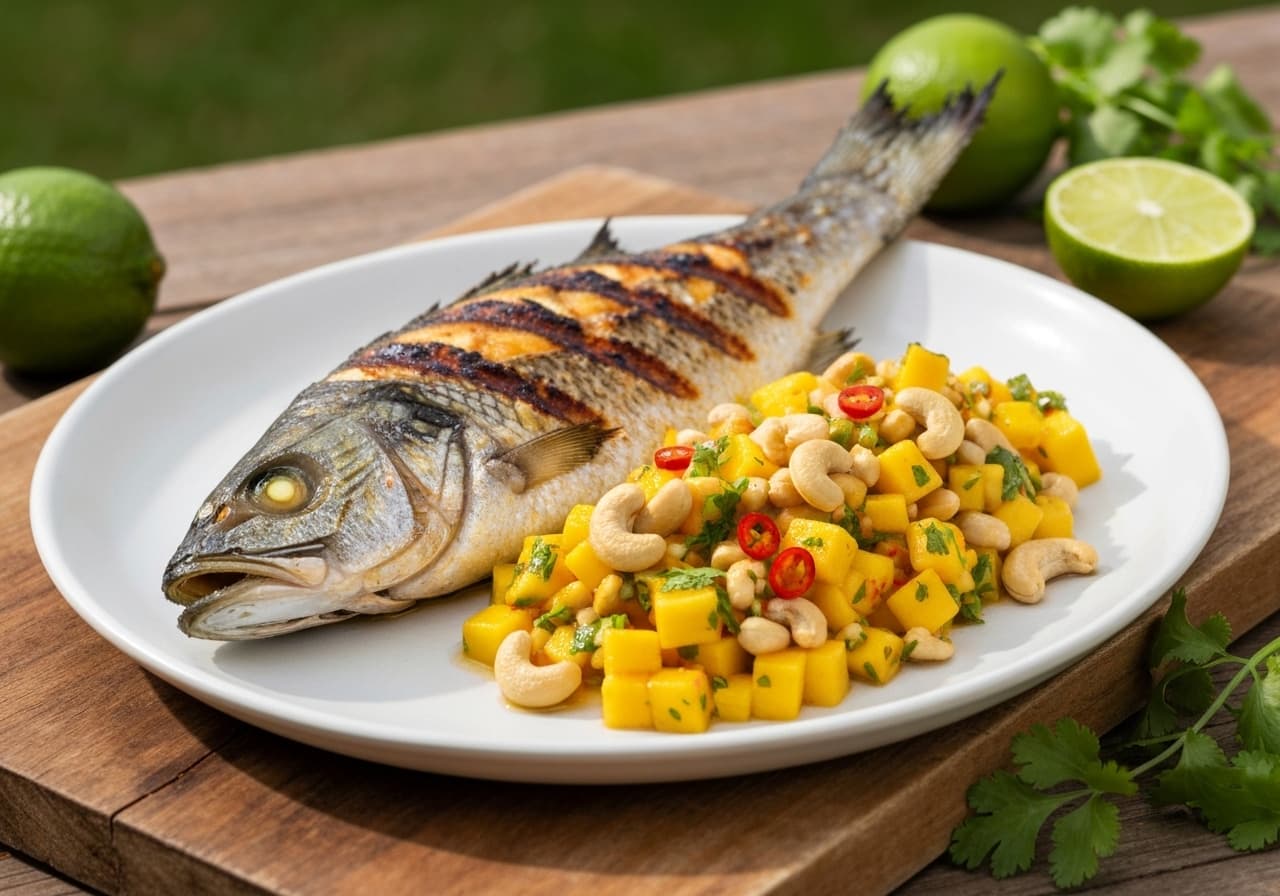 Grilled Sea Bass with Spicy Mango and Cashew Salsa