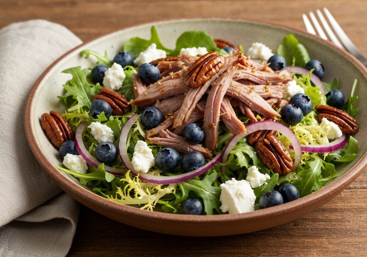Boreal Duck Confit Salad with Blueberries and Maple Pecans