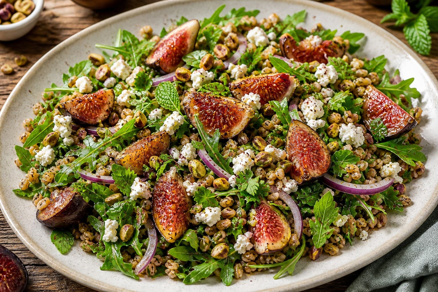 Freekeh Salad with Roasted Figs, Feta, and Honey-Caramelized Pistachios