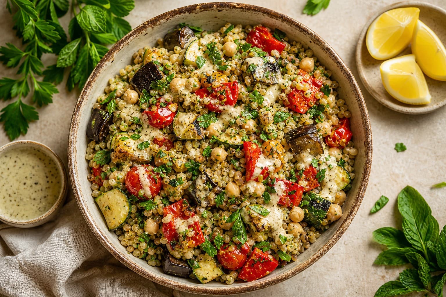 Freekeh Salad with Roasted Vegetables and Za'atar-Tahini Dressing