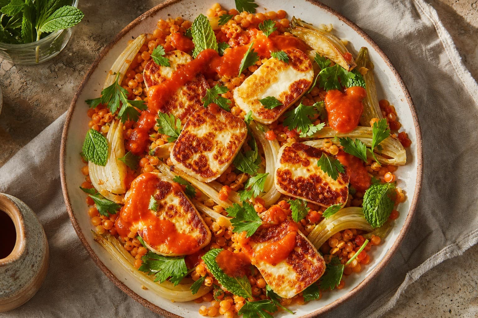 Red Lentil and Roasted Fennel Salad, Smoked Red Pepper Coulis and Crispy Halloumi