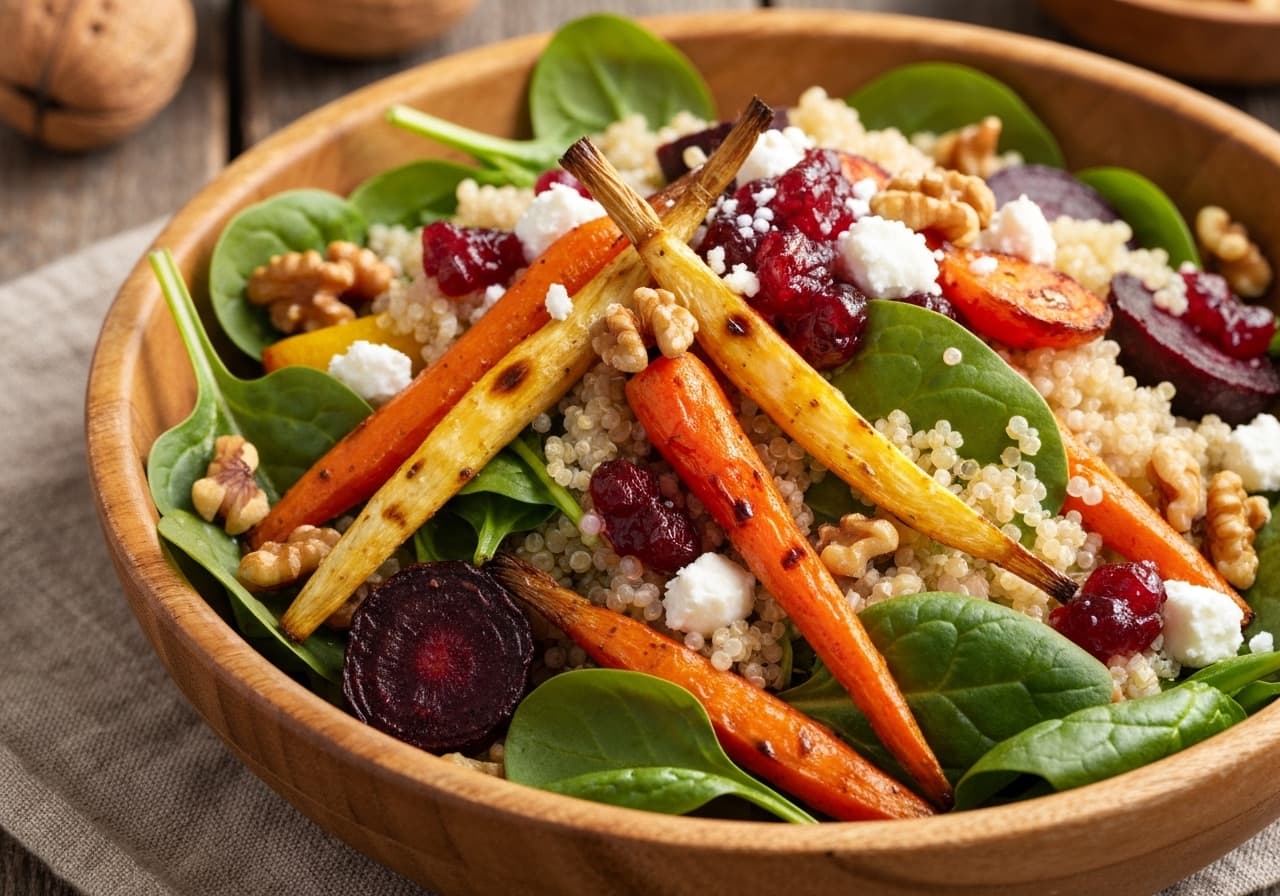 Boreal Quinoa Salad with Roasted Root Vegetables and Cranberry-Maple Vinaigrette