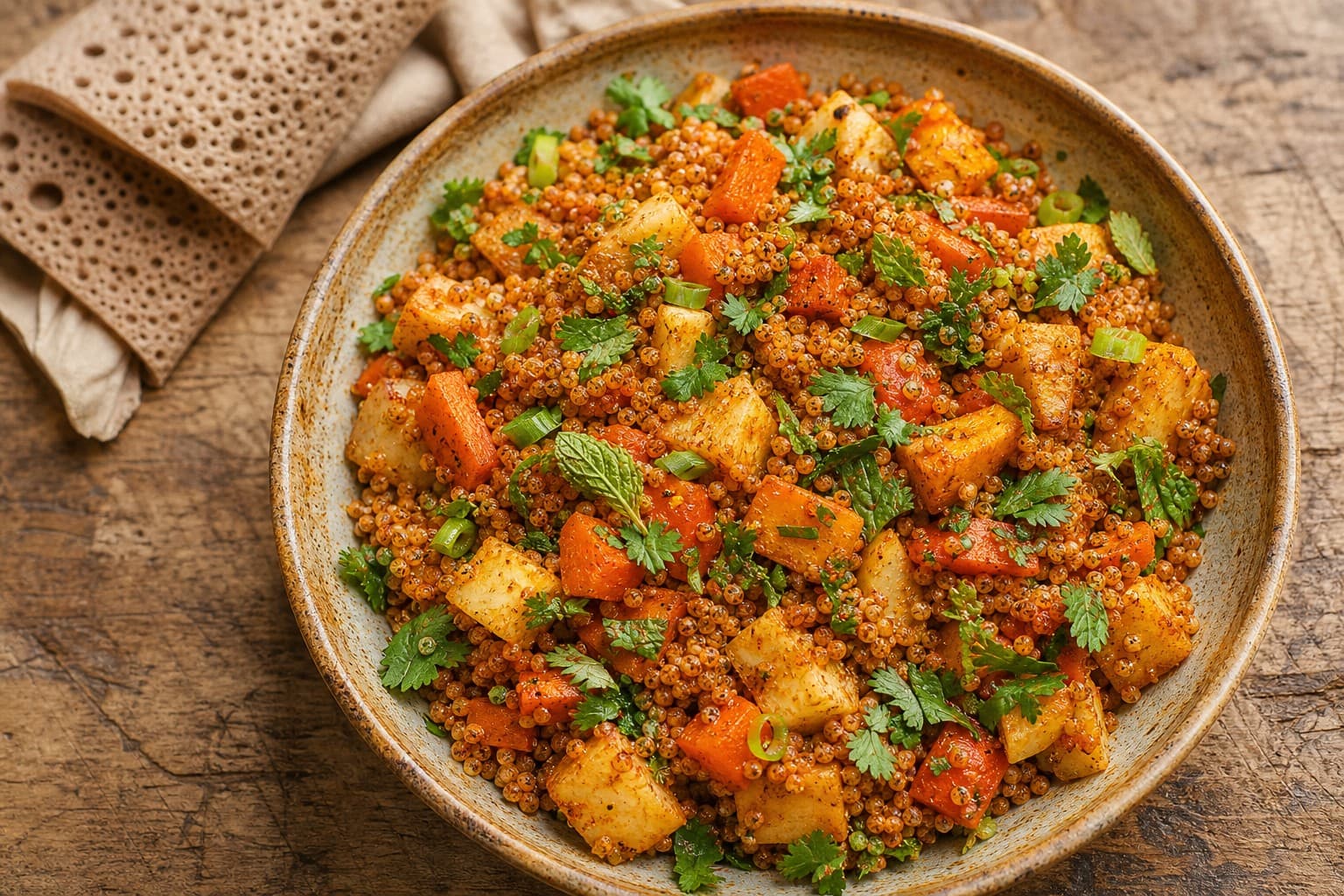 Teff Salad with Roasted Root Vegetables and Berbere Vinaigrette