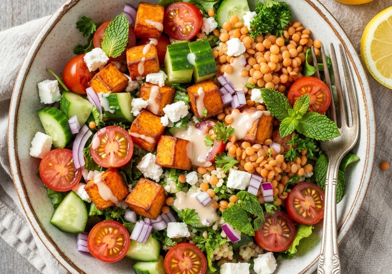Energizing Bulgur Salad with Red Lentils, Roasted Sweet Potato, Feta, and Tahini-Lemon Dressing