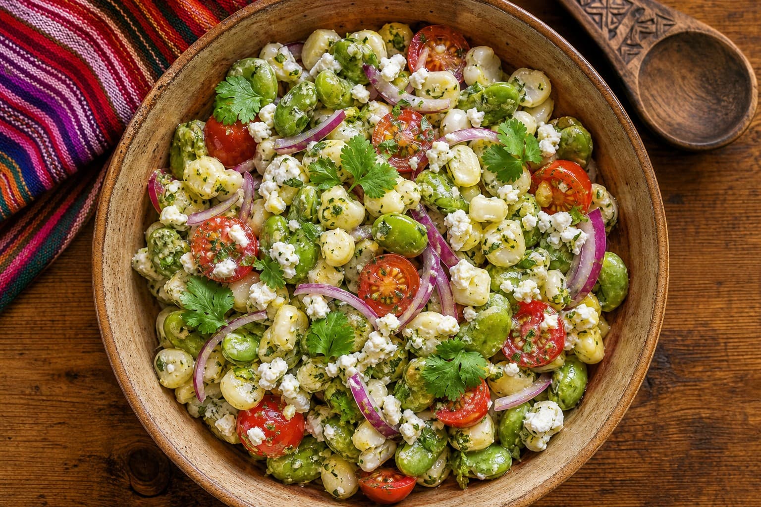 Andean Freshness Salad with Choclo, Queso Fresco, and Huacatay-Passion Fruit Vinaigrette