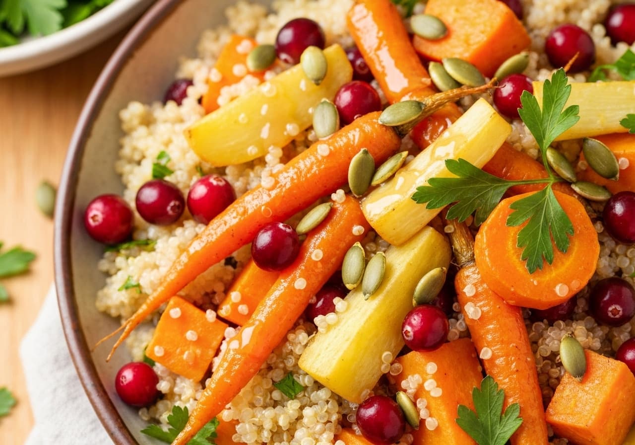 Warm Quinoa and Roasted Root Vegetable Meal Salad with Cranberry-Maple Dressing