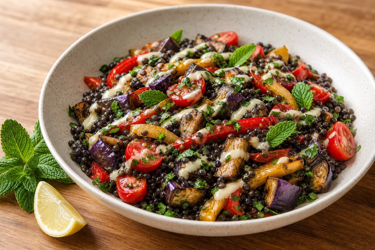 Warm Beluga Lentil, Sumac-Roasted Eggplant and Bell Pepper Salad with Tahini-Lemon Dressing
