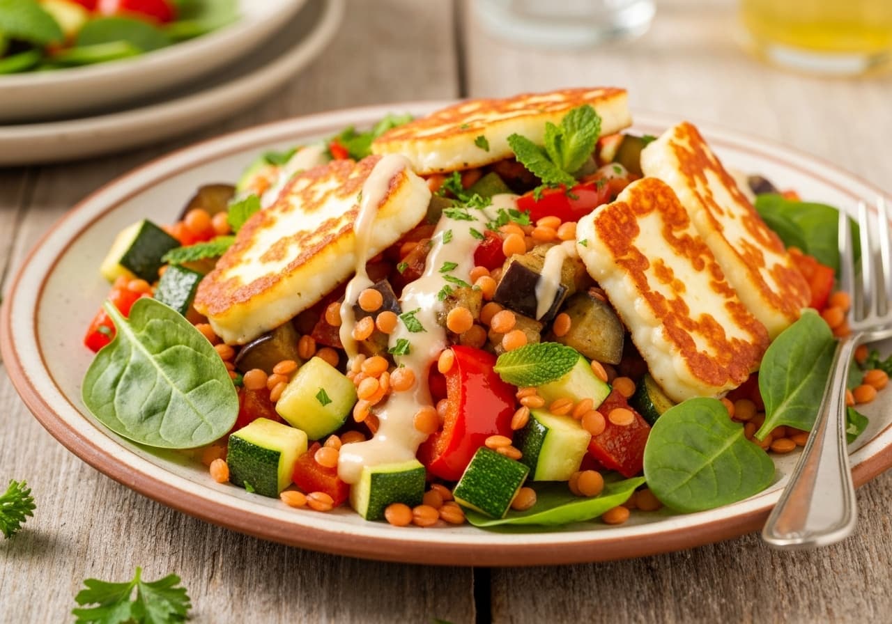 Warm Red Lentil and Roasted Mediterranean Vegetable Salad with Grilled Halloumi, Lemon-Tahini Dressing