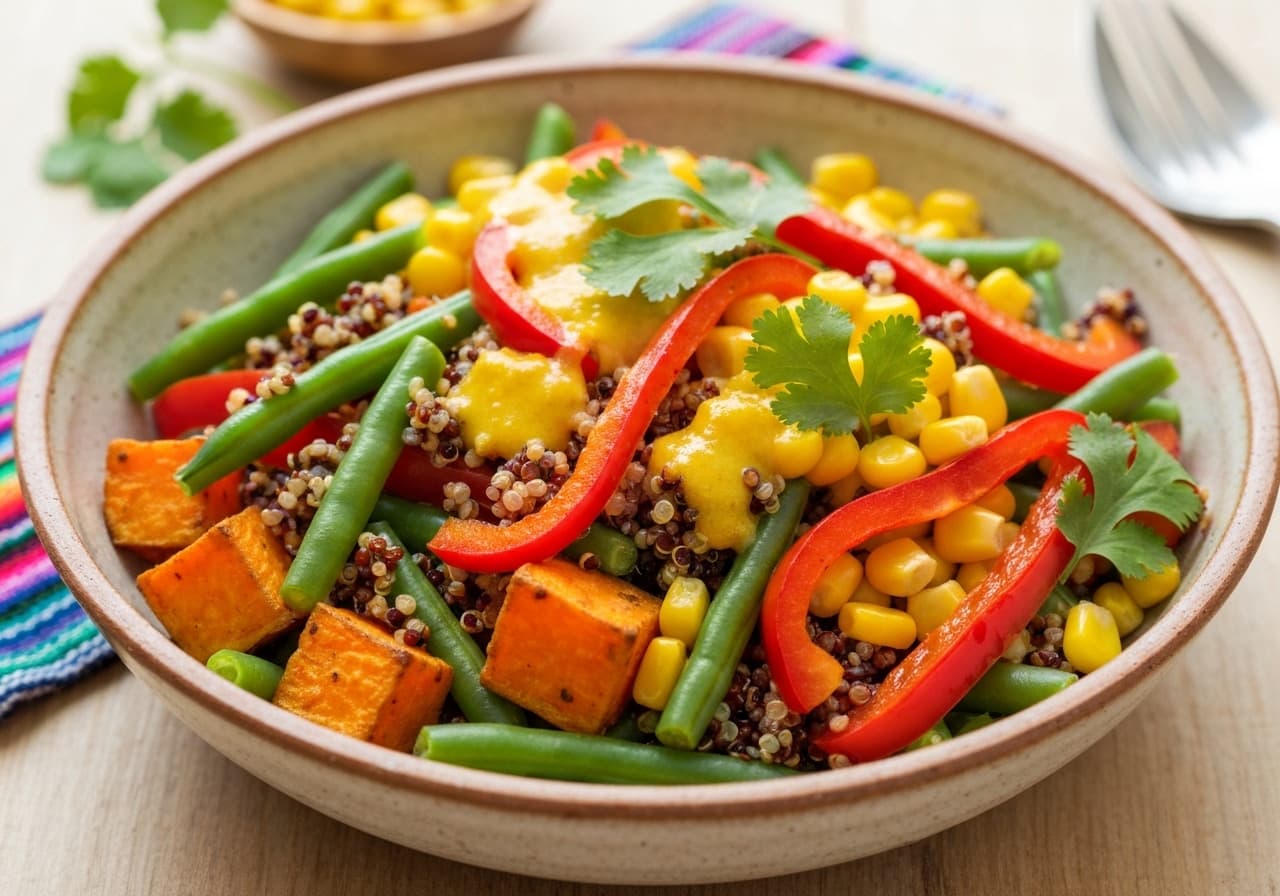 Warm Tricolor Quinoa Salad with Roasted Andean Vegetables and Creamy Lucuma Vinaigrette