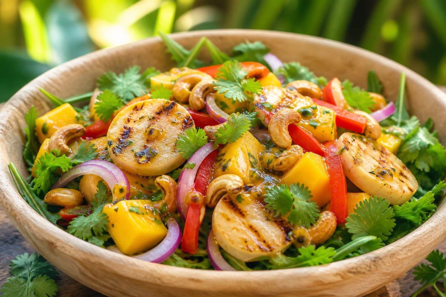 Tropical Grilled Hearts of Palm, Mango, and Passion Fruit-Cilantro Vinaigrette Salad