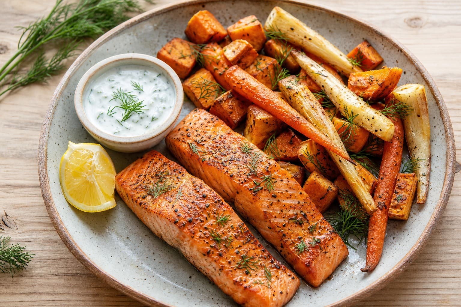 Mediterranean Herb Roasted Salmon, Root Vegetables and Dill-Yogurt Sauce