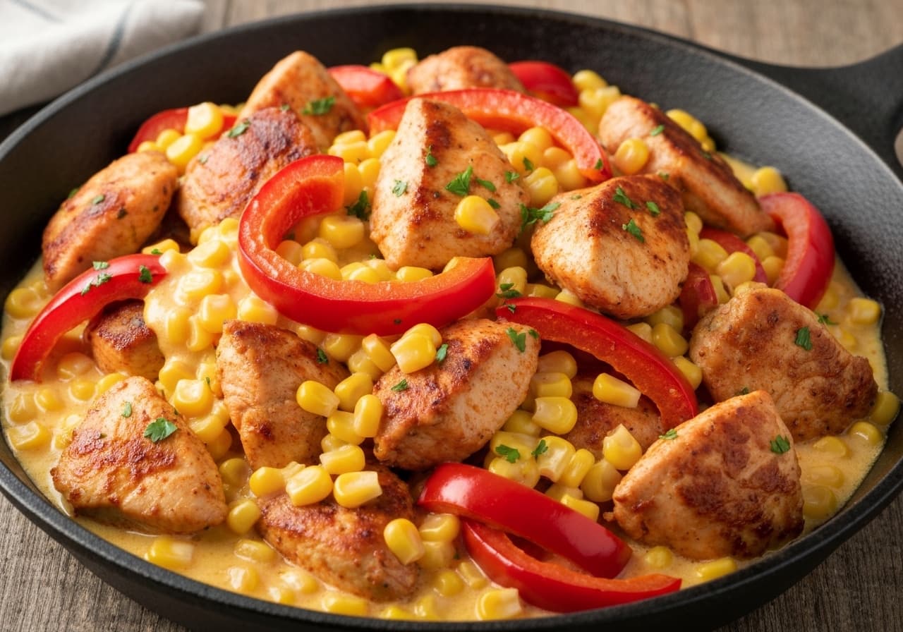 Smoky Skillet Chicken with Bell Peppers and Creamy Corn