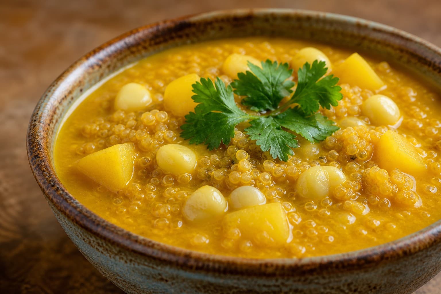 Creamy Yellow Quinoa Soup with Huacatay and Choclo