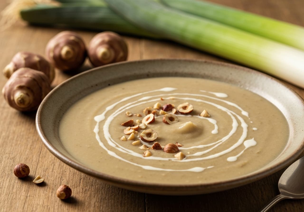 Creamy Jerusalem Artichoke, Hazelnut and Leek Soup