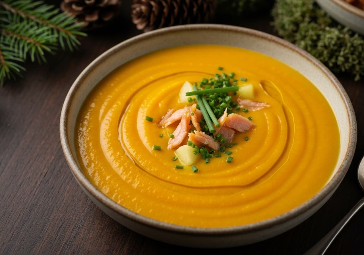 Velvety Butternut Squash and Apple Soup with Smoked Trout and Boreal Aromas
